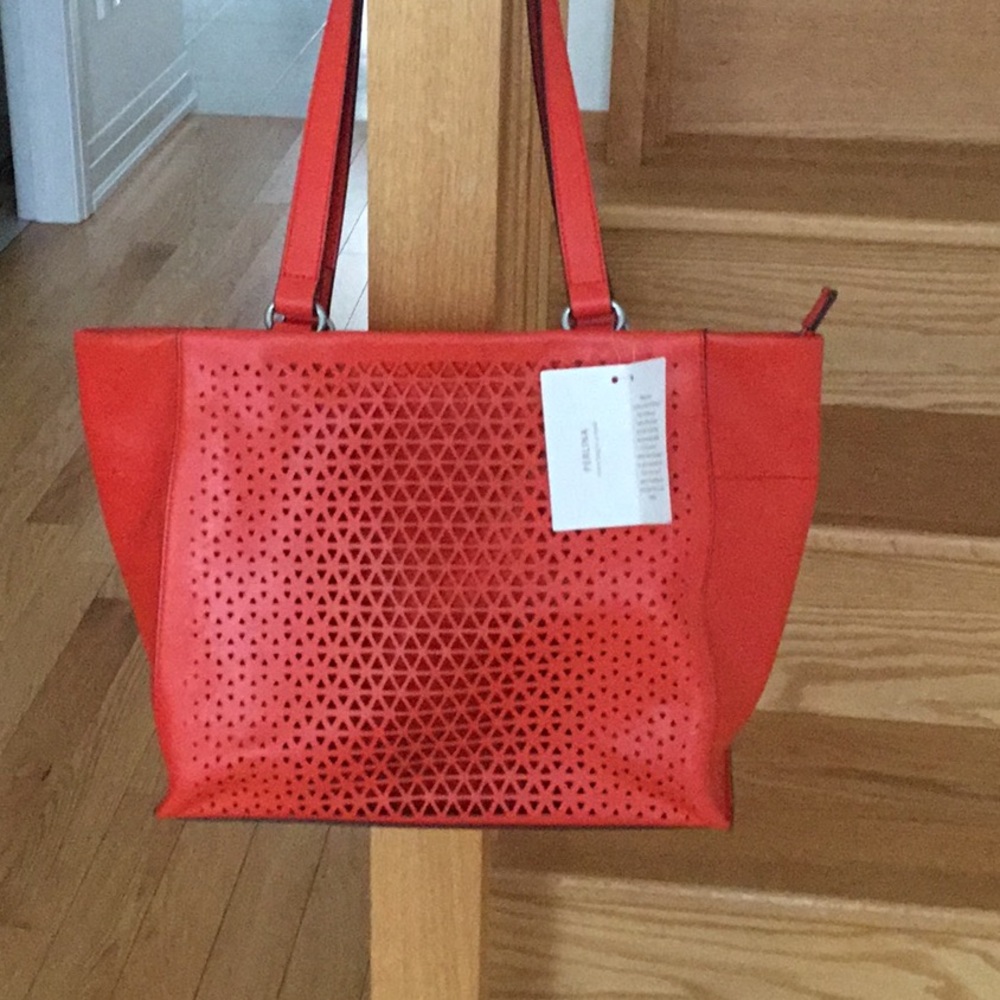Perlina NWT Leather Laser Cut Orange Valerie Tote. - Picture 2 of 10